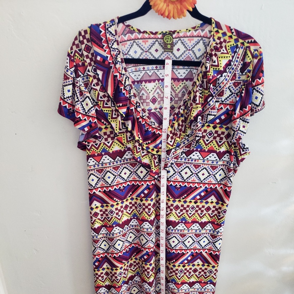 Purple/White/Yellow Geometric Design Dress with  Ruffle V-Neck, Size XL